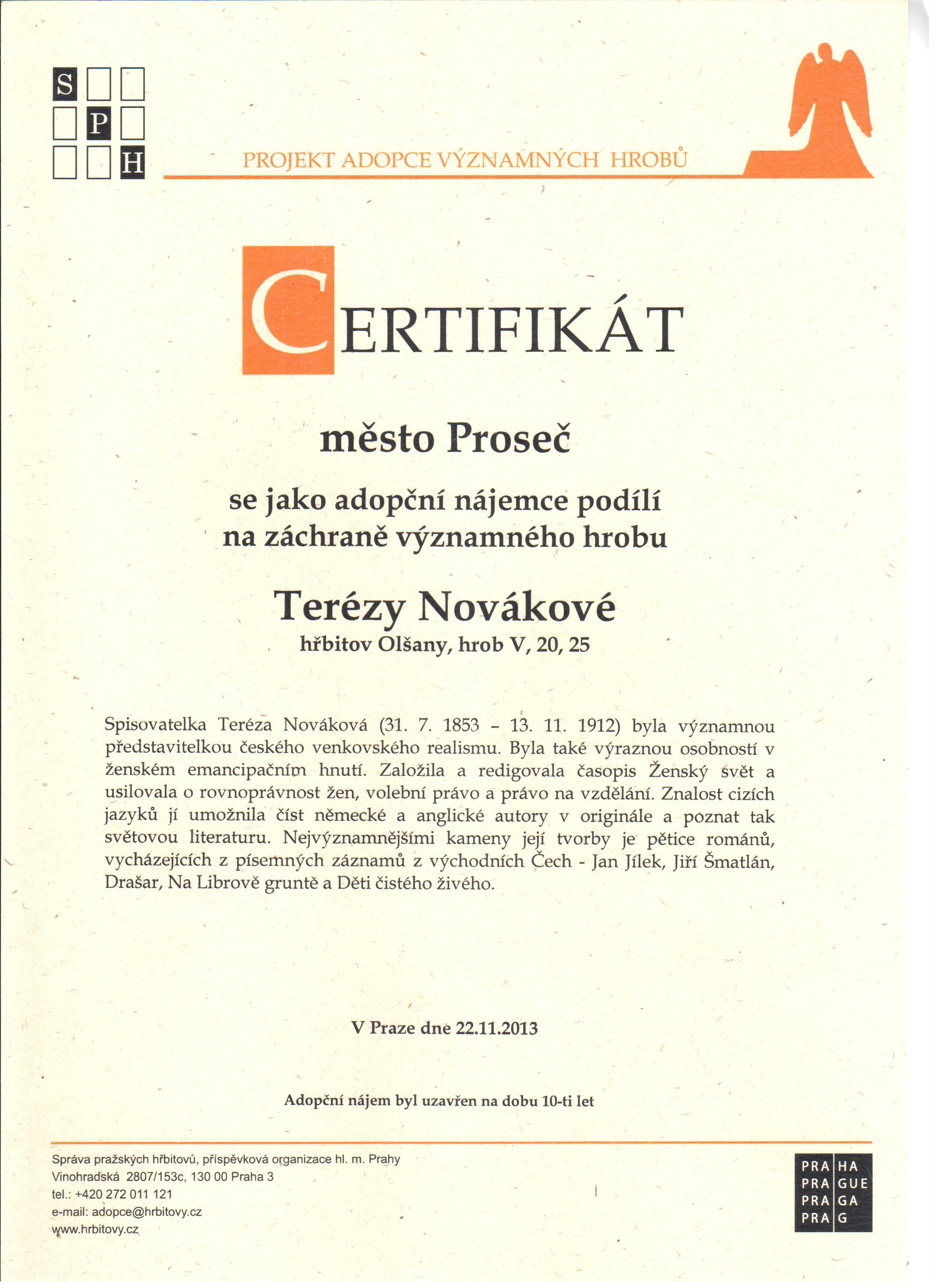 Certifikát o adopci hrobu spisovatelky